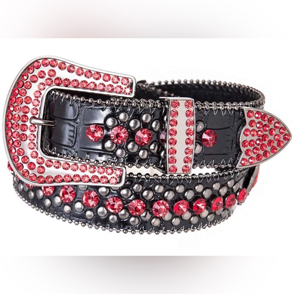 Red & Black Genuine Leather Studded Statement Belt - Picture 1 of 2